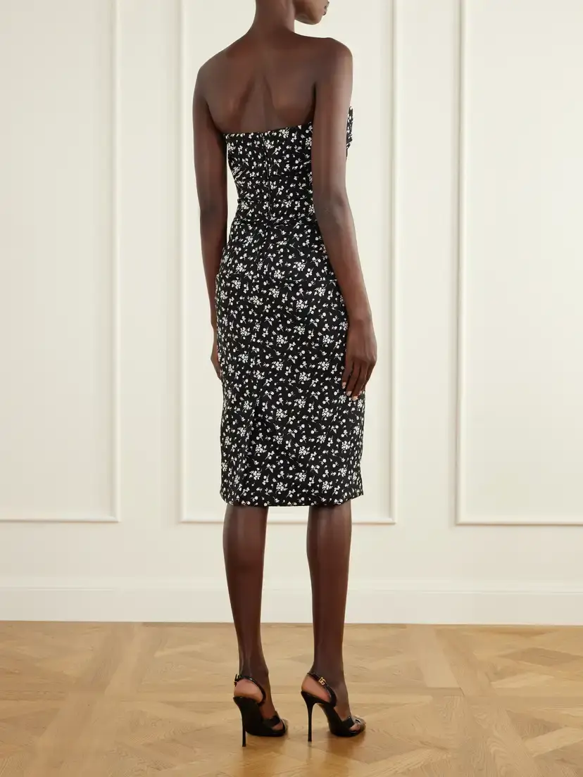 Dolce & Gabbana Strapless Draped Floral-print Silk-blend Charmeuse Midi Dress | Thumbnail 3