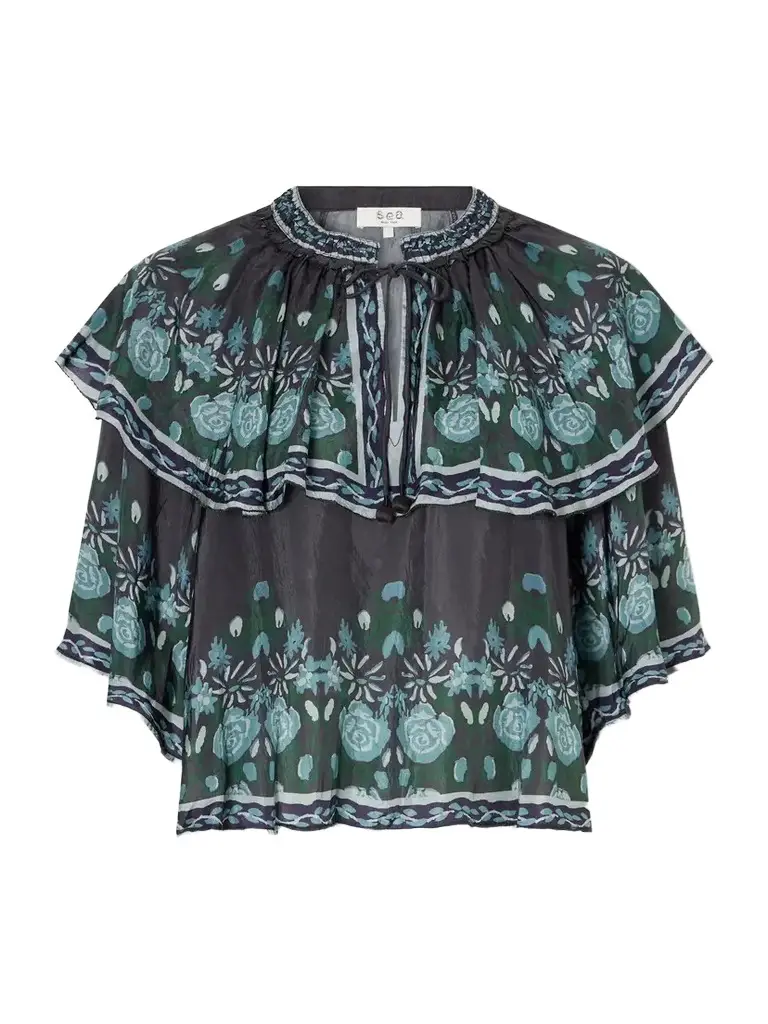Tulla Cape-detailed Printed Habotai Blouse