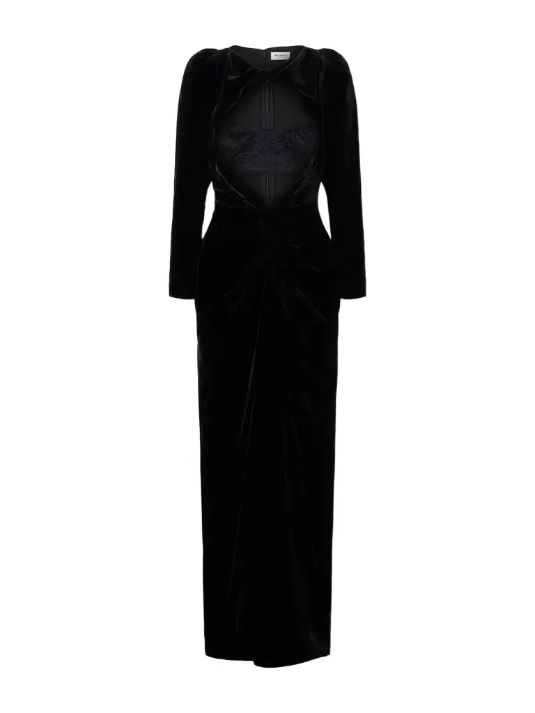 Balmain Open-front Lingerie-detail Gathered Velvet Maxi Gown