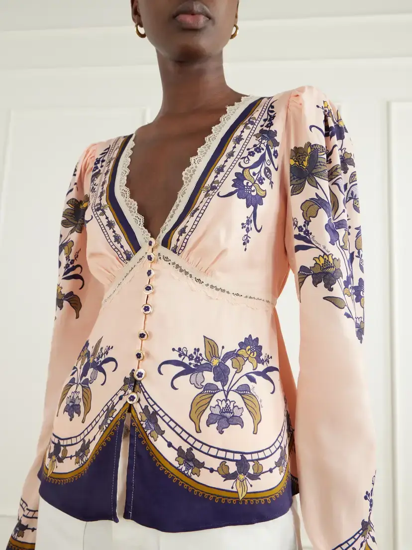 Farm Rio Liz Floral-print Lace-trimmed Crepe De Chine Blouse | Thumbnail 4 Farm Rio Liz Floral-print Lace-trimmed Crepe De Chine Blouse | Thumbnail 4