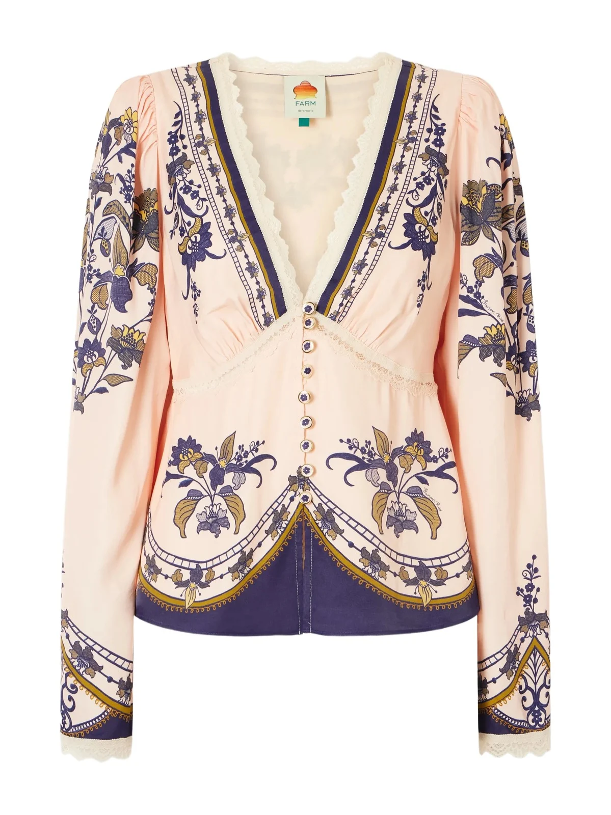 Farm Rio Liz Floral-print Lace-trimmed Crepe De Chine Blouse