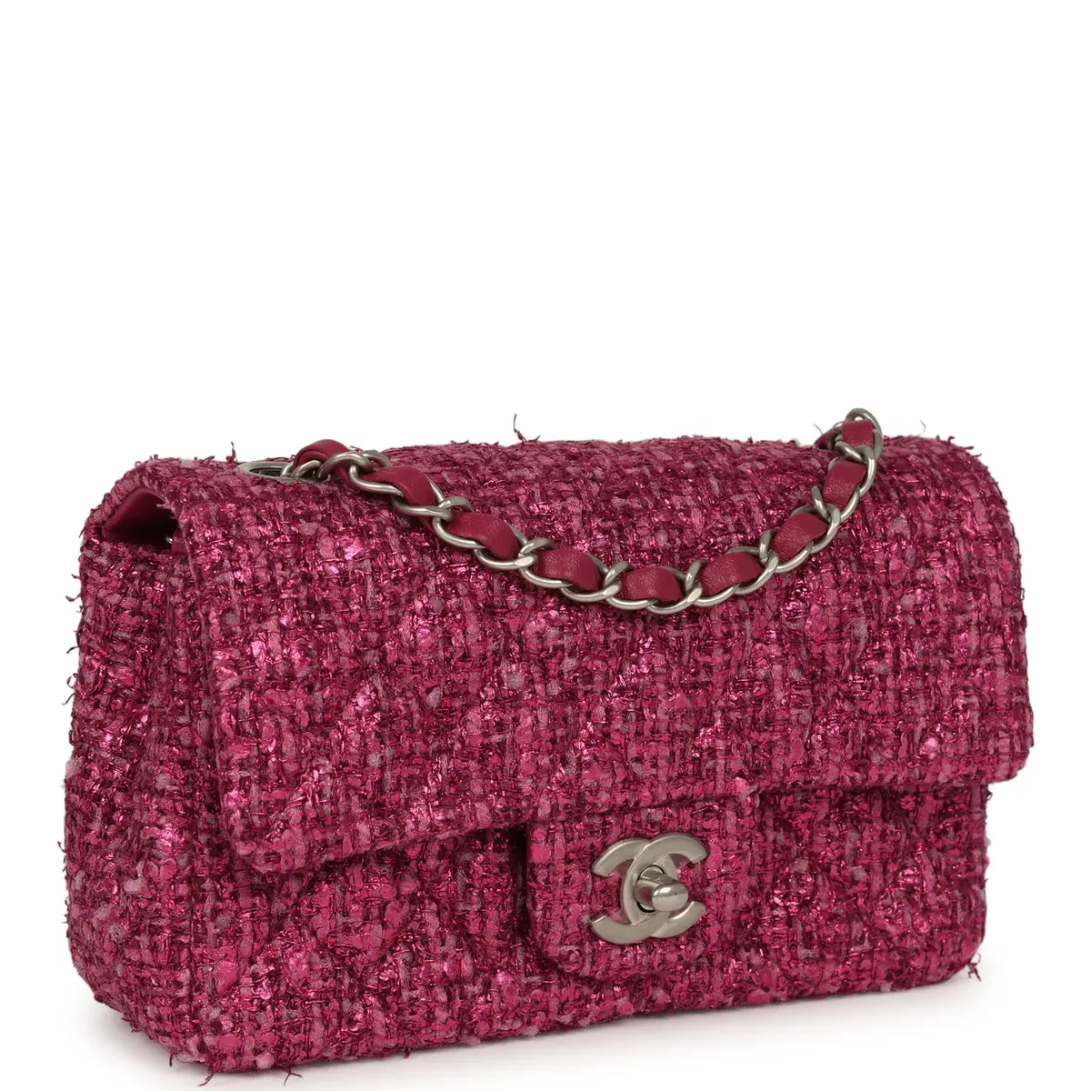 Chanel Chanel Mini Rectangular Flap Bag Dark Pink Metallic Tweed Bouclé Brushed Silver Hardware | Thumbnail 2 Chanel Chanel Mini Rectangular Flap Bag Dark Pink Metallic Tweed Bouclé Brushed Silver Hardware | Thumbnail 2