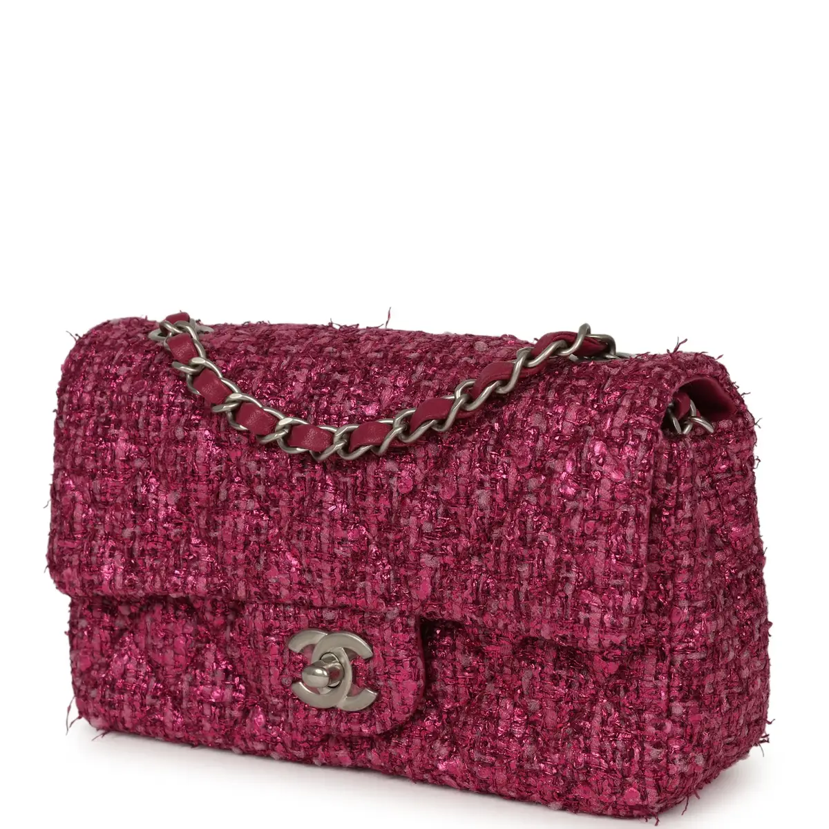 Chanel Chanel Mini Rectangular Flap Bag Dark Pink Metallic Tweed Bouclé Brushed Silver Hardware | Thumbnail 5 Chanel Chanel Mini Rectangular Flap Bag Dark Pink Metallic Tweed Bouclé Brushed Silver Hardware | Thumbnail 5