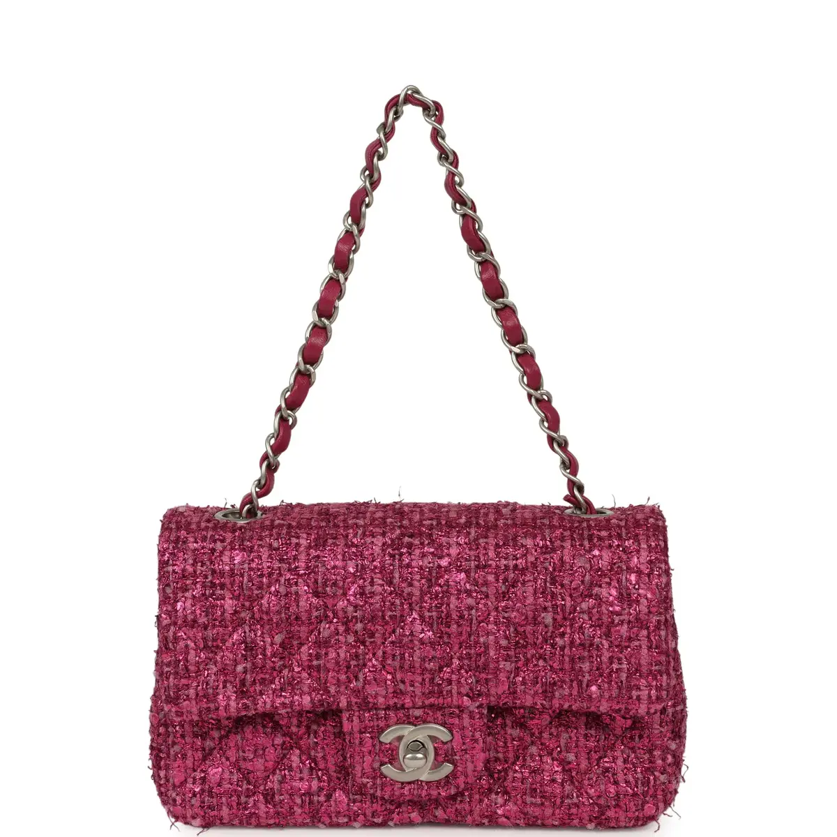 Chanel Chanel Mini Rectangular Flap Bag Dark Pink Metallic Tweed Bouclé Brushed Silver Hardware | Thumbnail 7 Chanel Chanel Mini Rectangular Flap Bag Dark Pink Metallic Tweed Bouclé Brushed Silver Hardware | Thumbnail 7