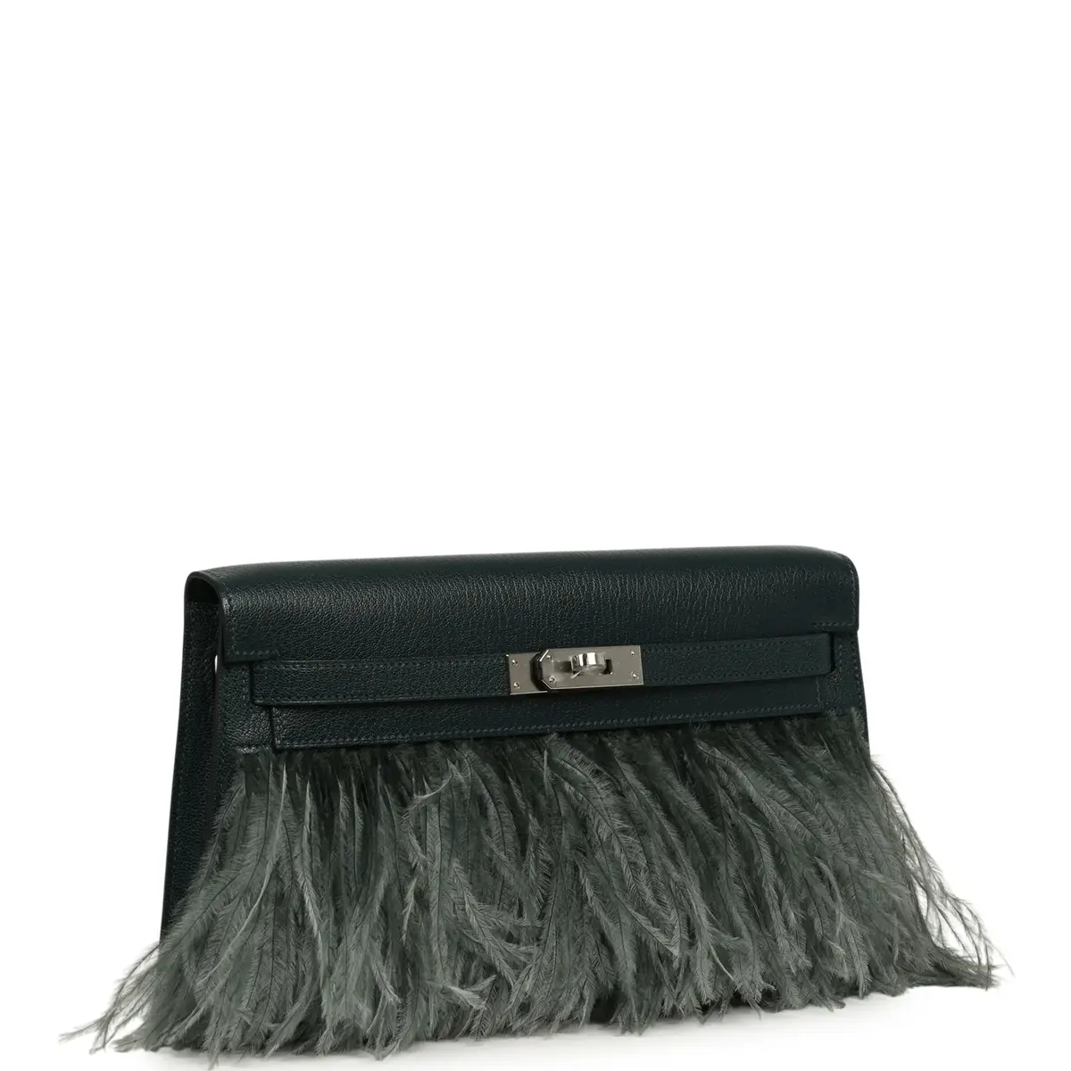 HERMÈS Hermes Kelly Elan Foile Vert Cypress Chevre Chamkila and Ostrich Feathers Palladium Hardware | Thumbnail 2