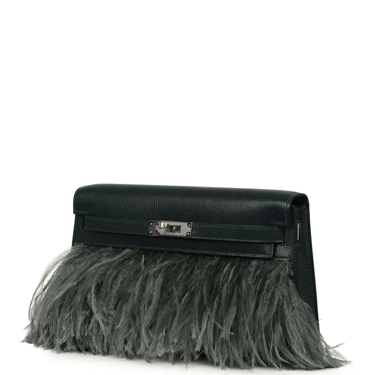 HERMÈS Hermes Kelly Elan Foile Vert Cypress Chevre Chamkila and Ostrich Feathers Palladium Hardware | Thumbnail 5