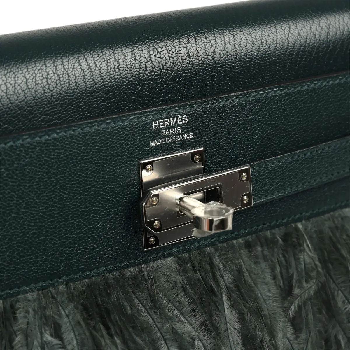 HERMÈS Hermes Kelly Elan Foile Vert Cypress Chevre Chamkila and Ostrich Feathers Palladium Hardware | Thumbnail 7
