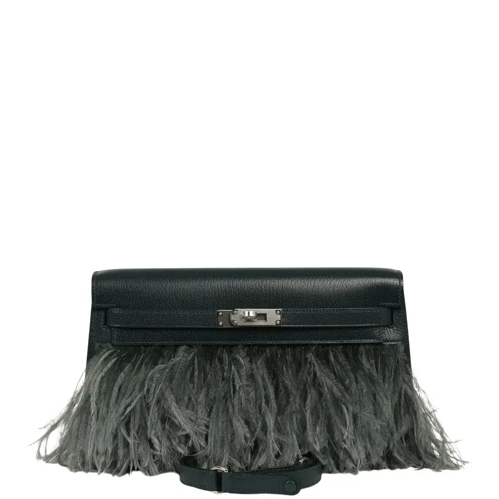 HERMÈS Hermes Kelly Elan Foile Vert Cypress Chevre Chamkila and Ostrich Feathers Palladium Hardware