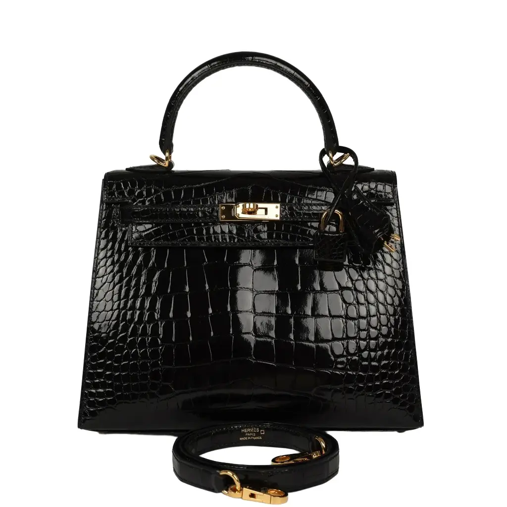 HERMÈS Pre-owned Hermes Kelly Sellier 25 Black Shiny Alligator Gold Hardware