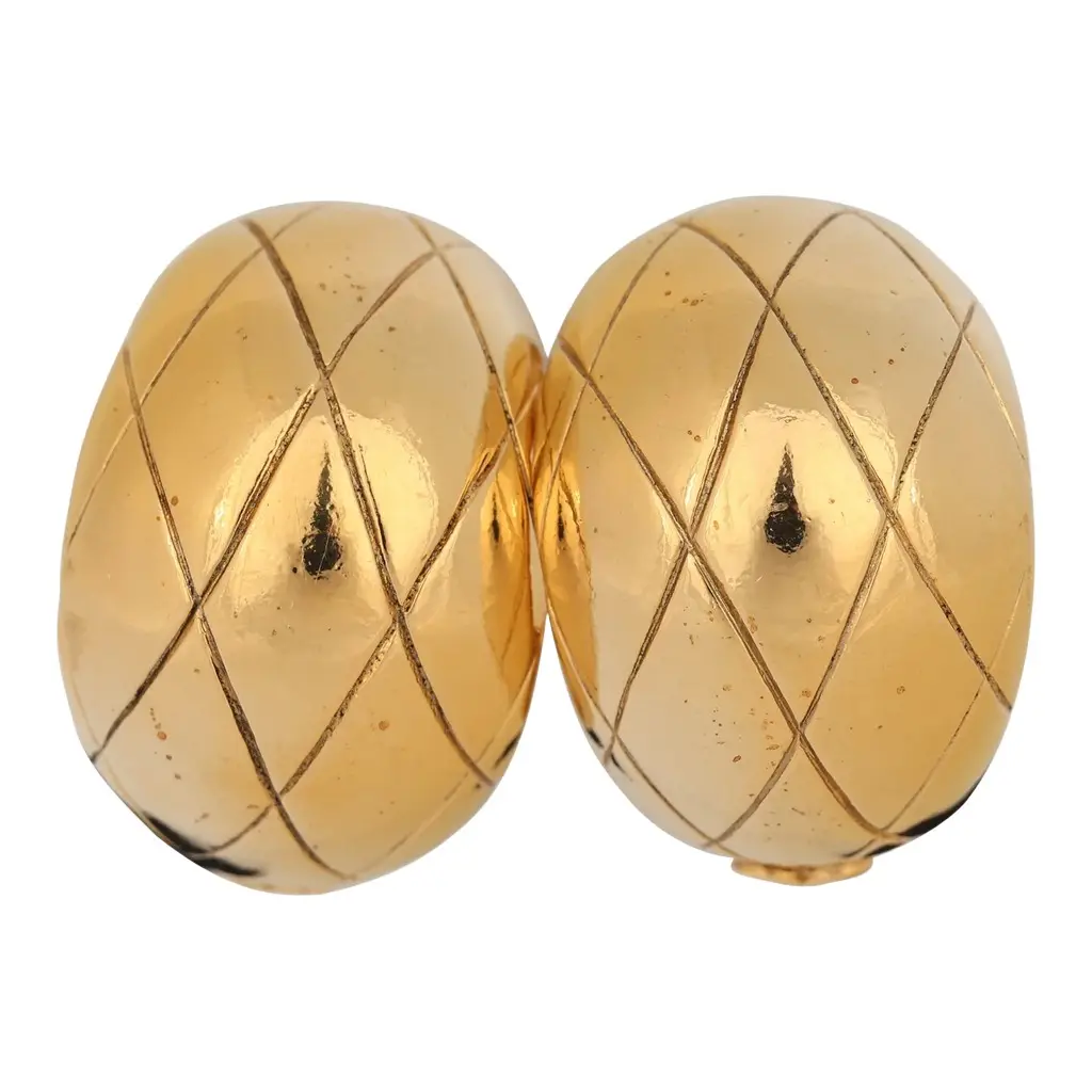 Chanel Vintage Chanel CC Quilted Hoop Clip On Earrings Gold Plated Hardware