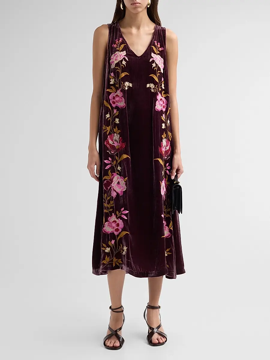 Johnny Was Women's Floral Embroidered Velvet Shift Midi Dress | Thumbnail 2