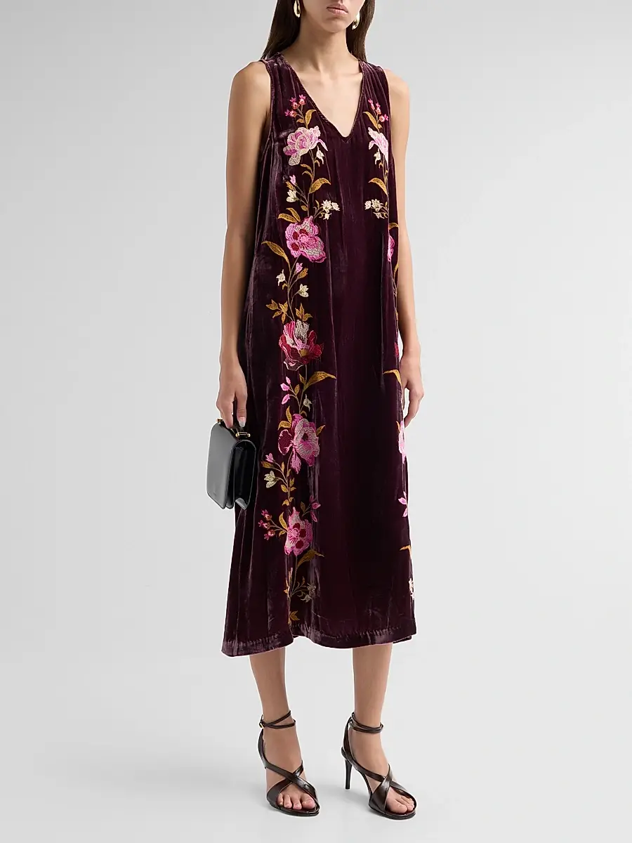 Johnny Was Women's Floral Embroidered Velvet Shift Midi Dress | Thumbnail 4