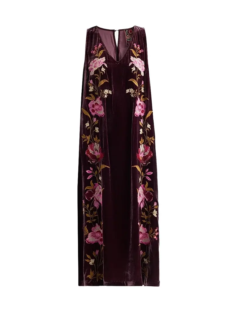 Women's Floral Embroidered Velvet Shift Midi Dress Women's Floral Embroidered Velvet Shift Midi Dress