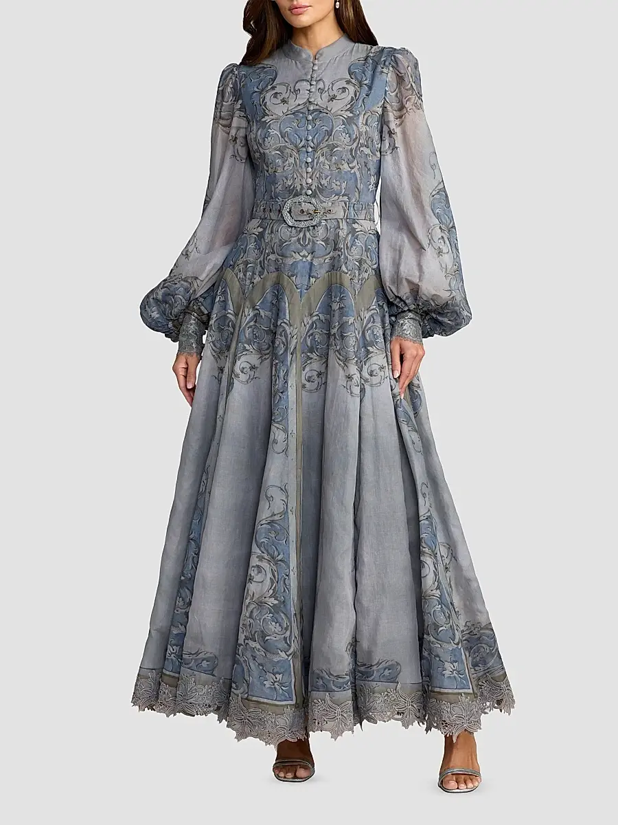 Mac Duggal Women's Baroque Cotton A-Line Belted Maxi Dress | Thumbnail 2