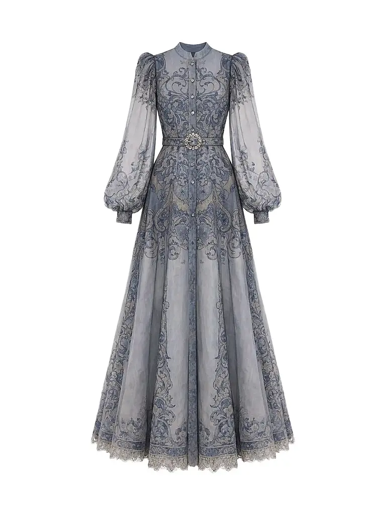 Mac Duggal Women's Baroque Cotton A-Line Belted Maxi Dress