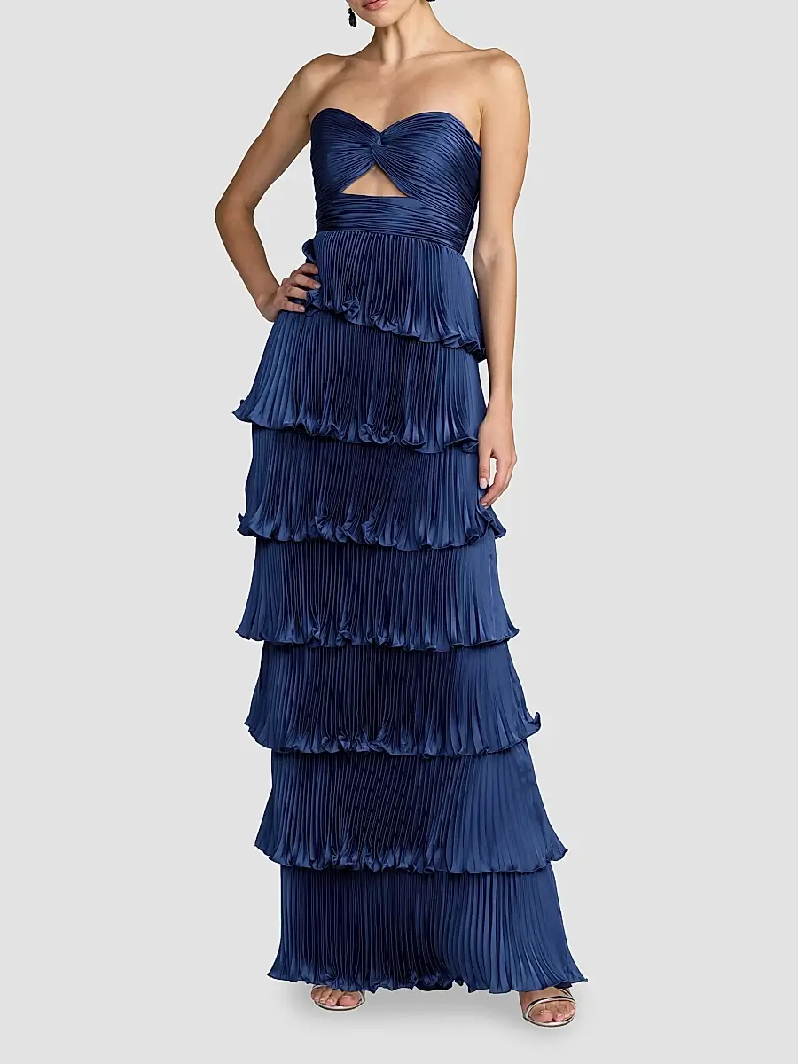 Mac Duggal Women's Ieena Pleated Charmeuse Strapless Tiered Ruffle Gown | Thumbnail 2 Mac Duggal Women's Ieena Pleated Charmeuse Strapless Tiered Ruffle Gown | Thumbnail 2