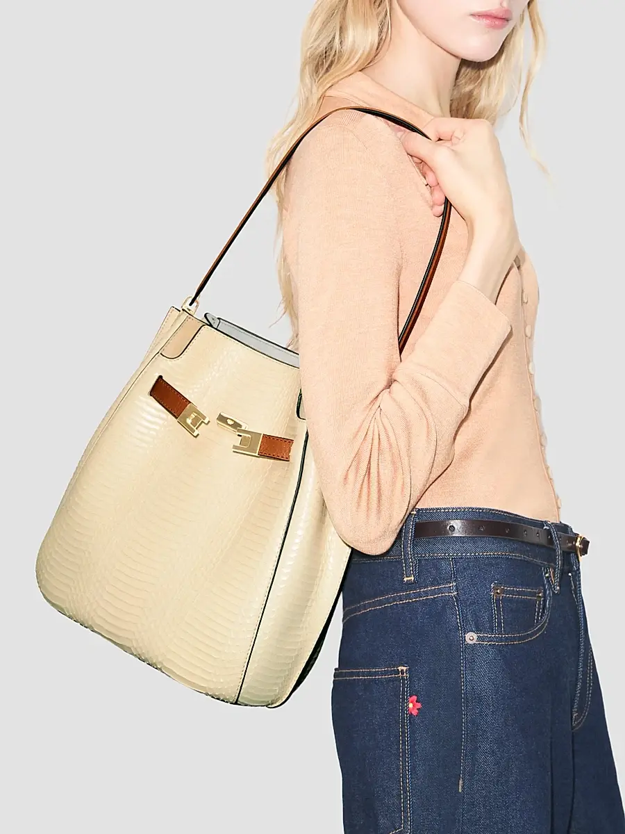 Tory Burch Women's Lee Radziwill Snake-Embossed Leather Bucket Bag | Thumbnail 2