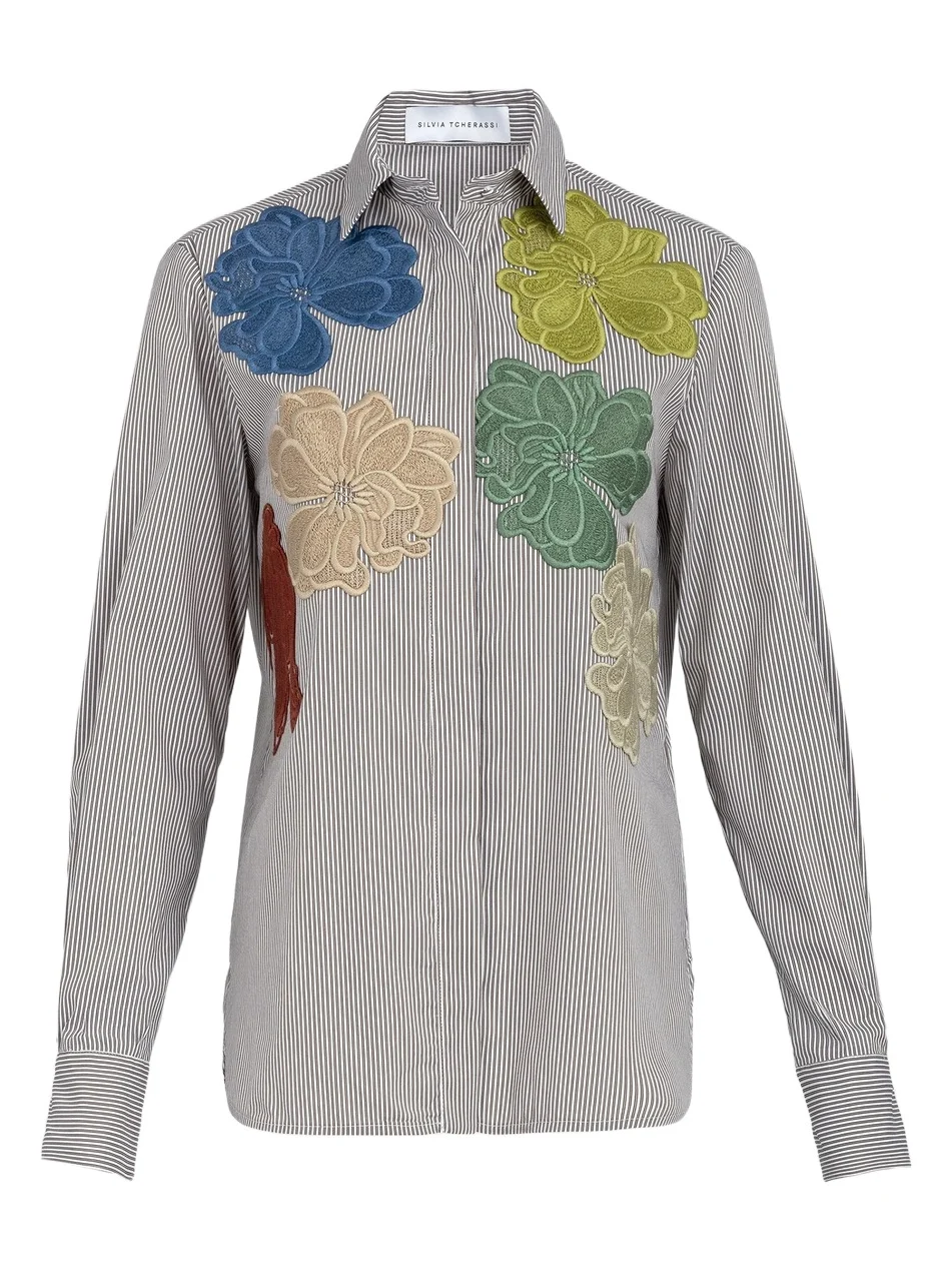 Women's Warda Floral Embroidered Striped Cotton Shirt
