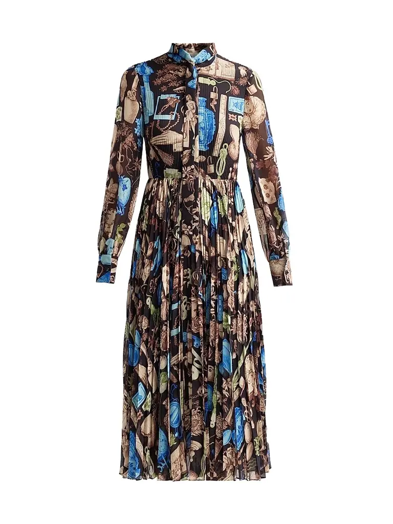 Women's Printed Crepe Chiffon Pleated Tieneck Midi Dress Women's Printed Crepe Chiffon Pleated Tieneck Midi Dress
