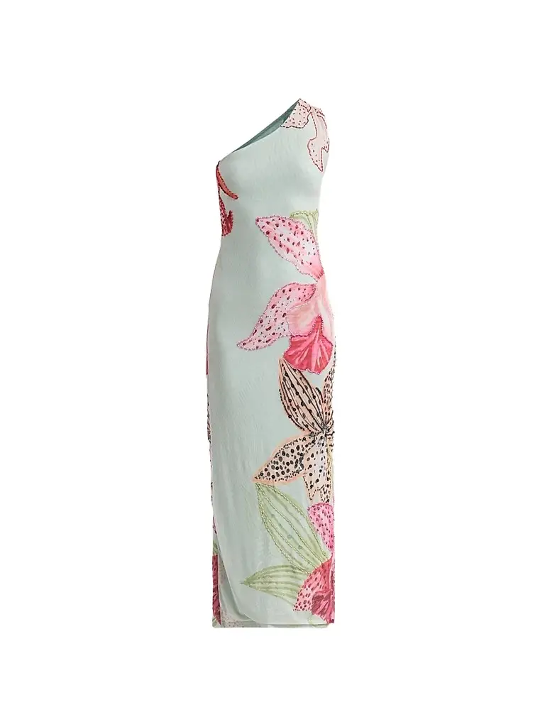 PatBo Women's Orchid Bloom One-Shoulder Beaded Tulle Maxi Dress