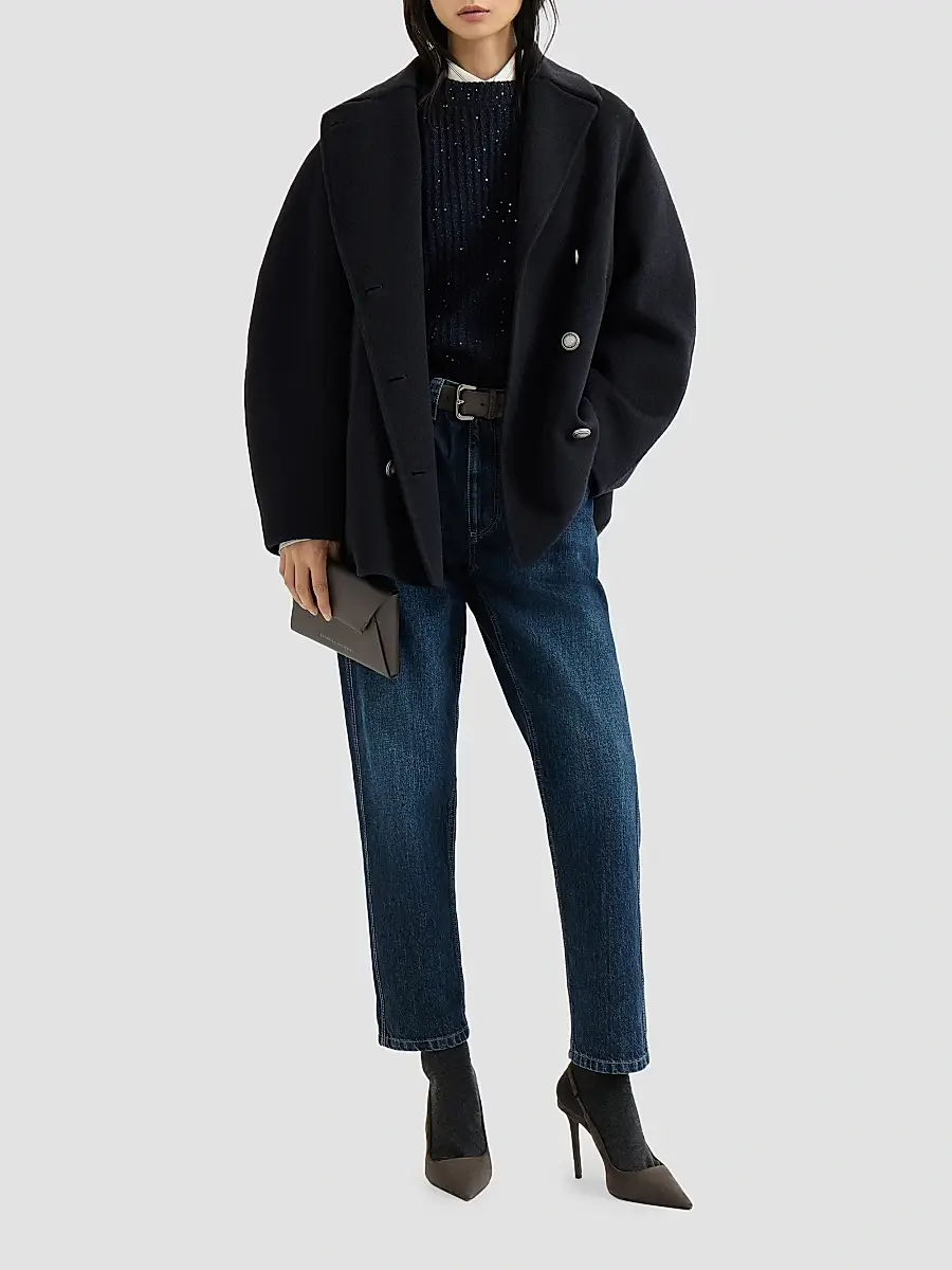 Brunello Cucinelli Women's Hand-Crafted Pea Coat in Virgin Wool and Cashmere Double Cloth with Monili - Cobalt | Thumbnail 2