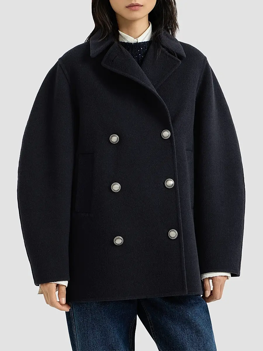 Brunello Cucinelli Women's Hand-Crafted Pea Coat in Virgin Wool and Cashmere Double Cloth with Monili - Cobalt | Thumbnail 3
