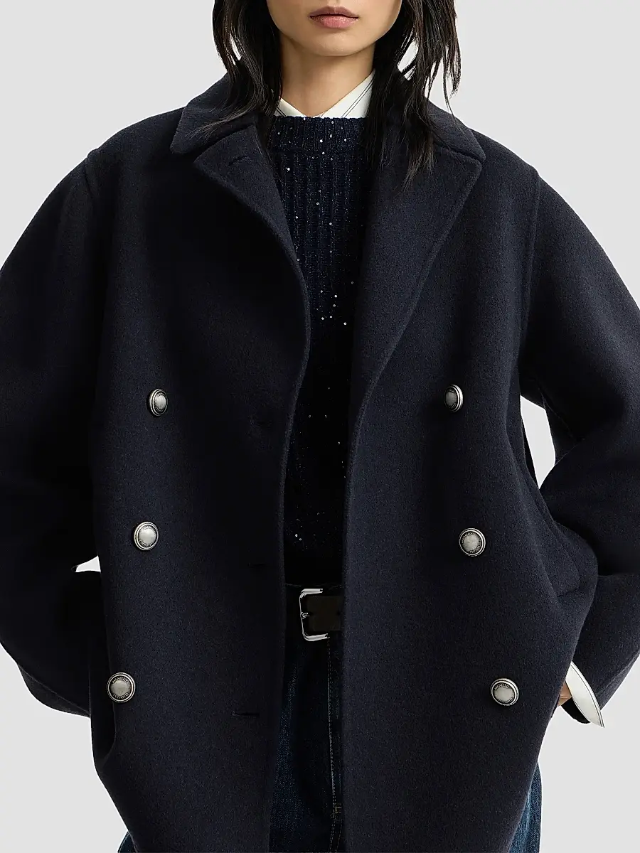 Brunello Cucinelli Women's Hand-Crafted Pea Coat in Virgin Wool and Cashmere Double Cloth with Monili - Cobalt | Thumbnail 5