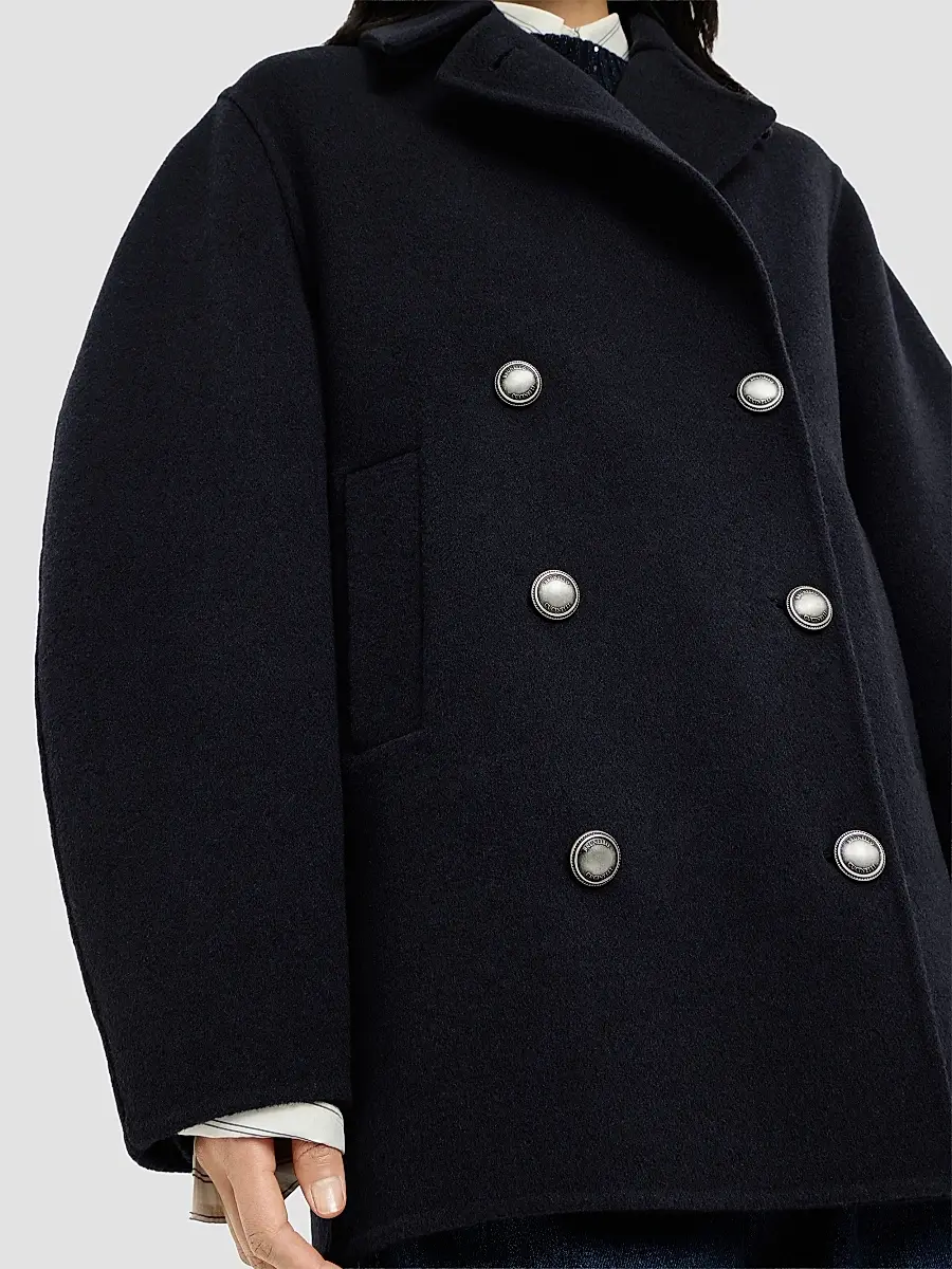 Brunello Cucinelli Women's Hand-Crafted Pea Coat in Virgin Wool and Cashmere Double Cloth with Monili - Cobalt | Thumbnail 6