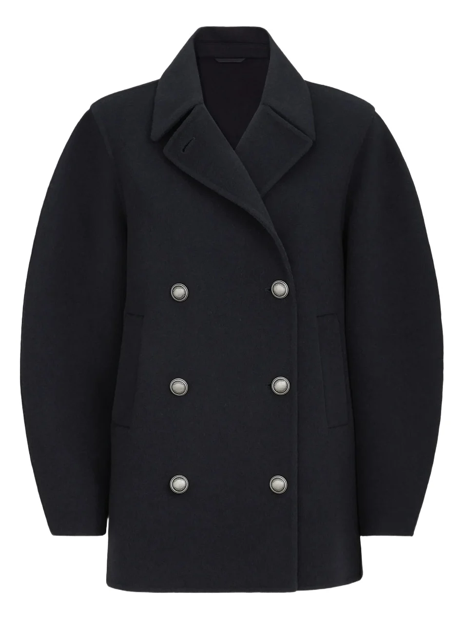 Women's Hand-Crafted Pea Coat in Virgin Wool and Cashmere Double Cloth with Monili - Cobalt