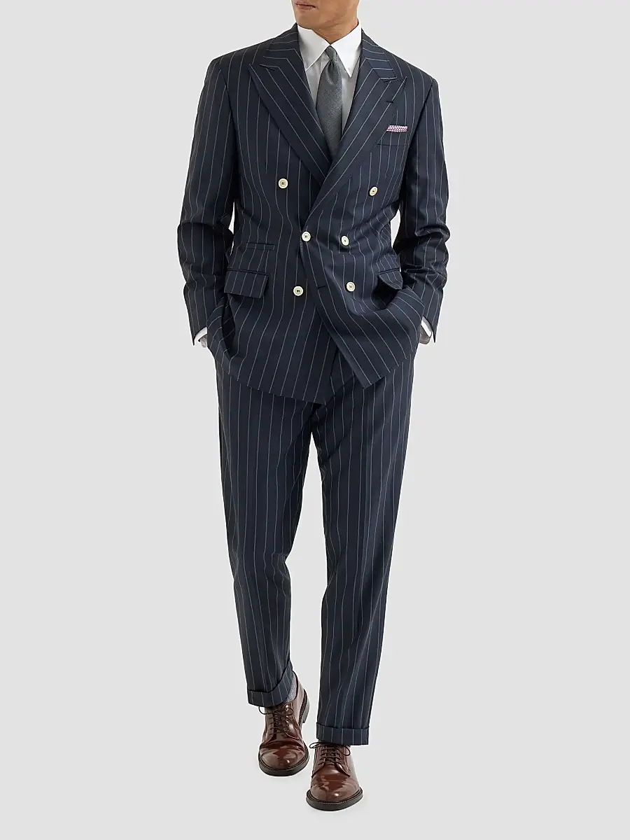 Brunello Cucinelli Men's Virgin Wool Wide Chalk Stripe Batavia One and A Half Breasted Tailor Blazer | Thumbnail 2 Brunello Cucinelli Men's Virgin Wool Wide Chalk Stripe Batavia One and A Half Breasted Tailor Blazer | Thumbnail 2