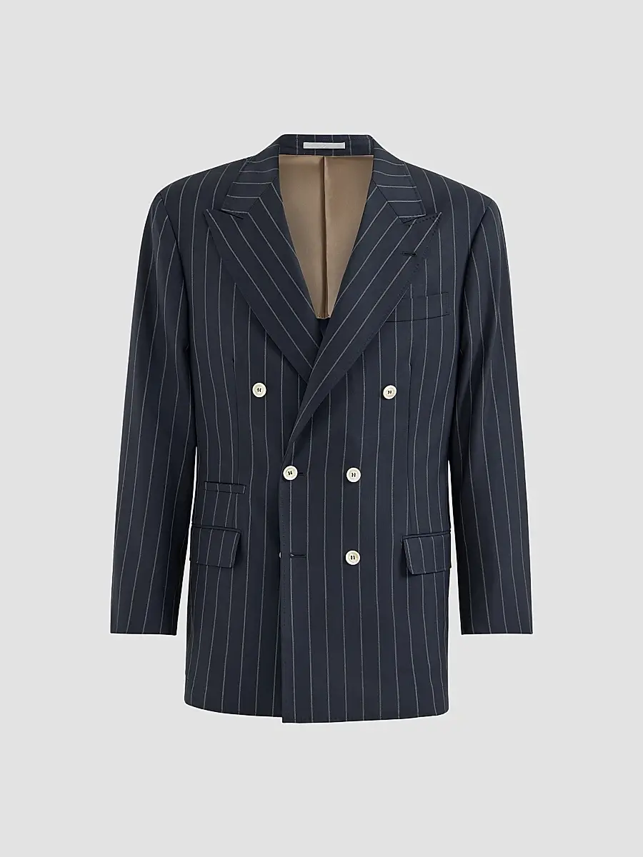 Brunello Cucinelli Men's Virgin Wool Wide Chalk Stripe Batavia One and A Half Breasted Tailor Blazer | Thumbnail 3 Brunello Cucinelli Men's Virgin Wool Wide Chalk Stripe Batavia One and A Half Breasted Tailor Blazer | Thumbnail 3