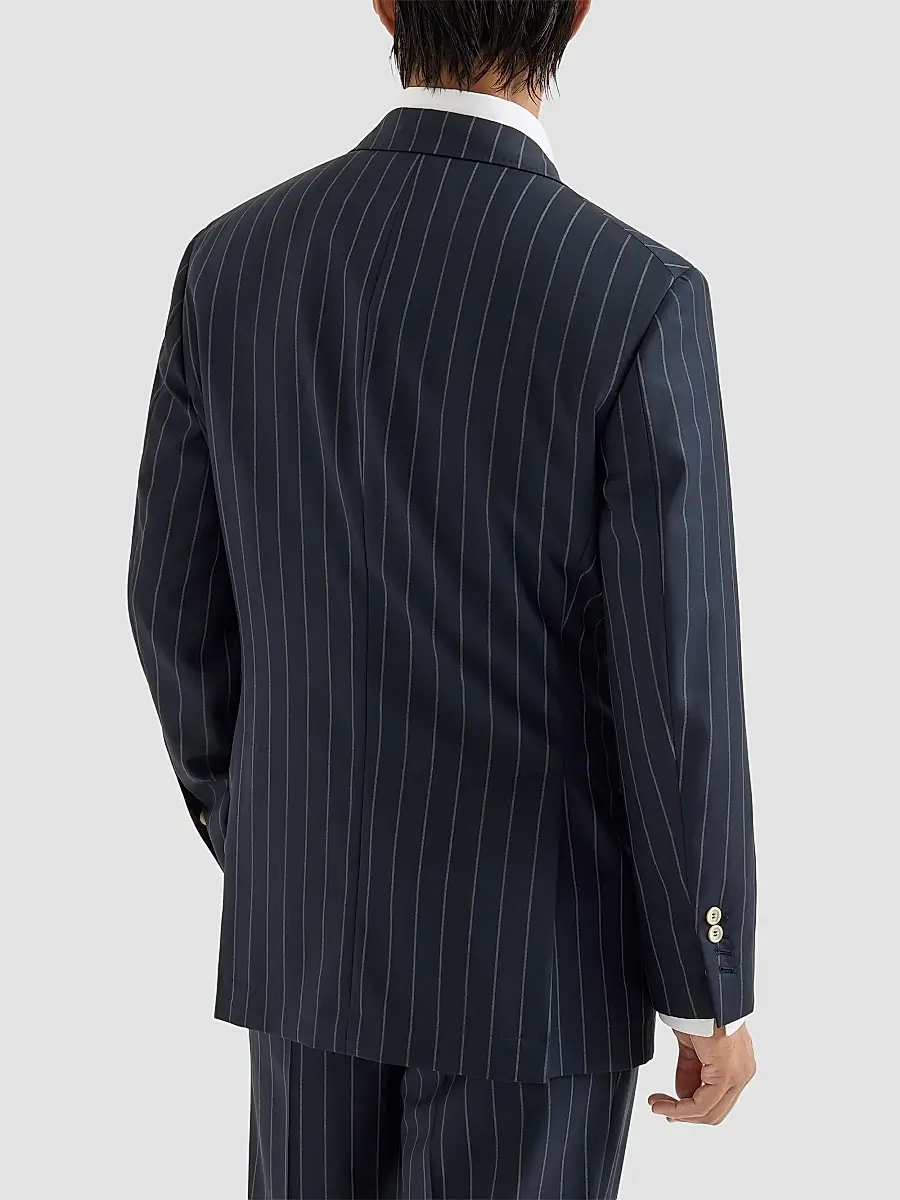 Brunello Cucinelli Men's Virgin Wool Wide Chalk Stripe Batavia One and A Half Breasted Tailor Blazer | Thumbnail 4 Brunello Cucinelli Men's Virgin Wool Wide Chalk Stripe Batavia One and A Half Breasted Tailor Blazer | Thumbnail 4