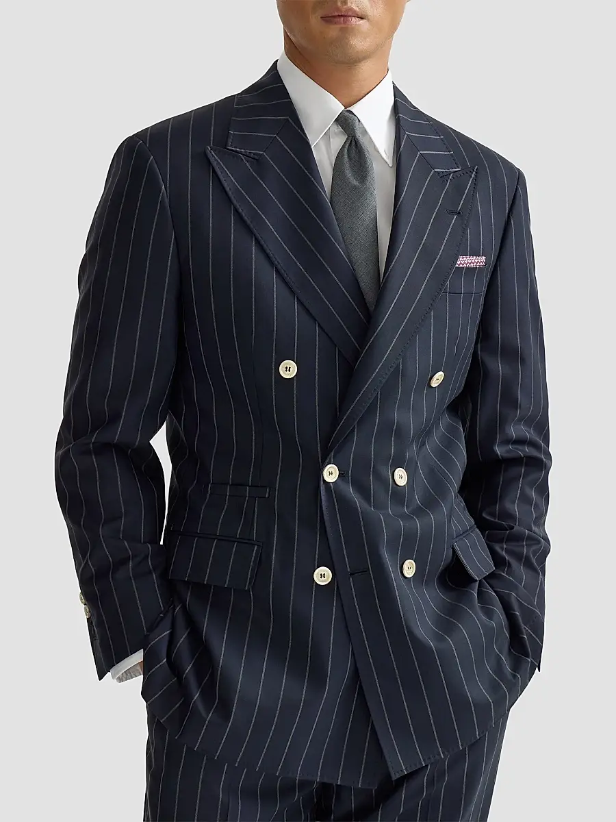 Brunello Cucinelli Men's Virgin Wool Wide Chalk Stripe Batavia One and A Half Breasted Tailor Blazer | Thumbnail 5 Brunello Cucinelli Men's Virgin Wool Wide Chalk Stripe Batavia One and A Half Breasted Tailor Blazer | Thumbnail 5