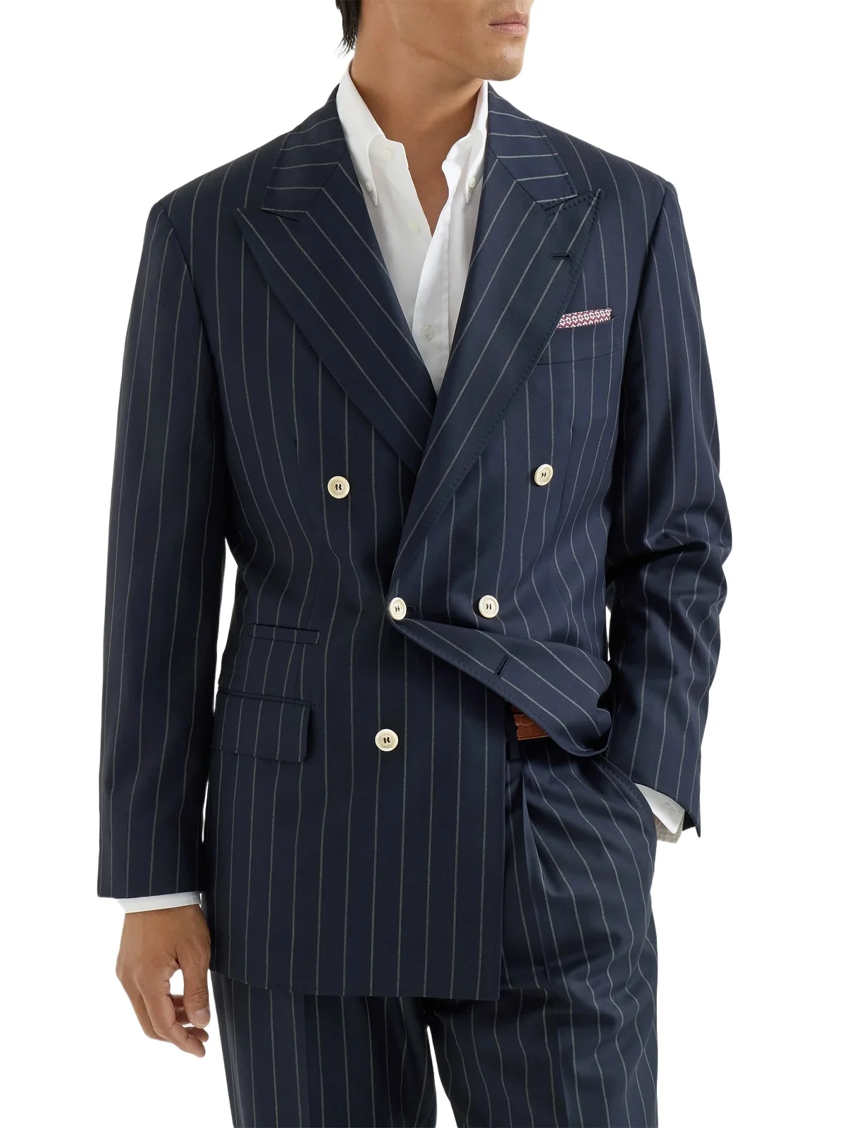 Brunello Cucinelli Men's Virgin Wool Wide Chalk Stripe Batavia One and A Half Breasted Tailor Blazer