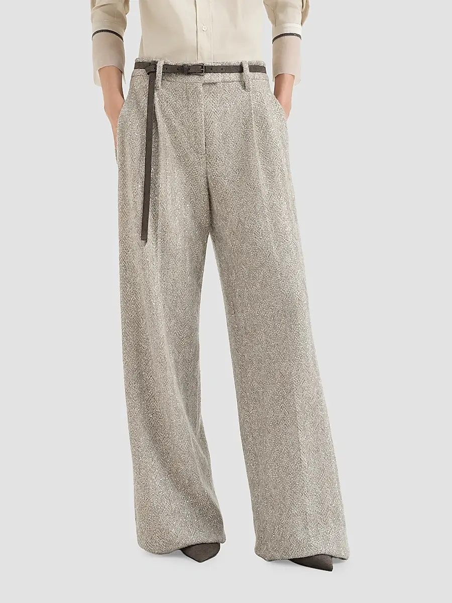 Brunello Cucinelli Women's Dazzling Chevron Embroidery Loose Pleated Trousers | Thumbnail 2 Brunello Cucinelli Women's Dazzling Chevron Embroidery Loose Pleated Trousers | Thumbnail 2