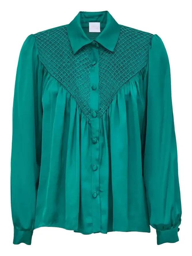 Loretta Caponi Milvia Smocked Satin Blouse