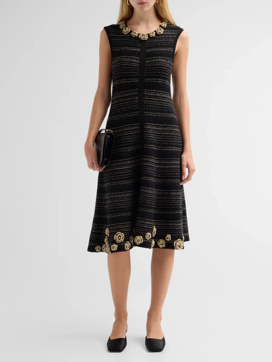 Teri Jon by Rickie Freeman Women's 3D Floral Striped Cotton Midi Dress | Thumbnail 2