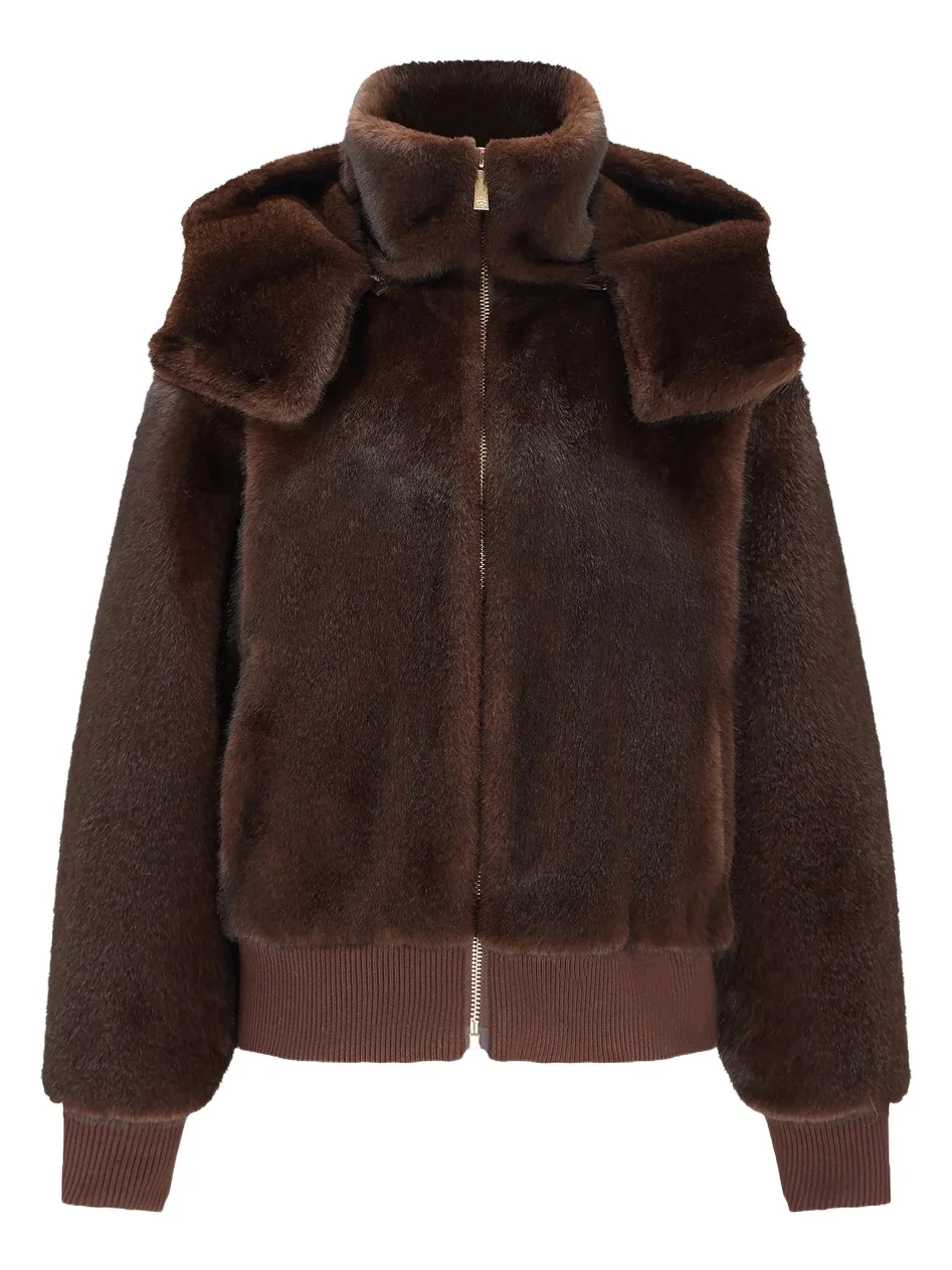 Lyla Grant Women's Fur-Free Mink (Faux Fur) Hooded Jacket with Knitted Cuffs & Bottom - Dark Brown