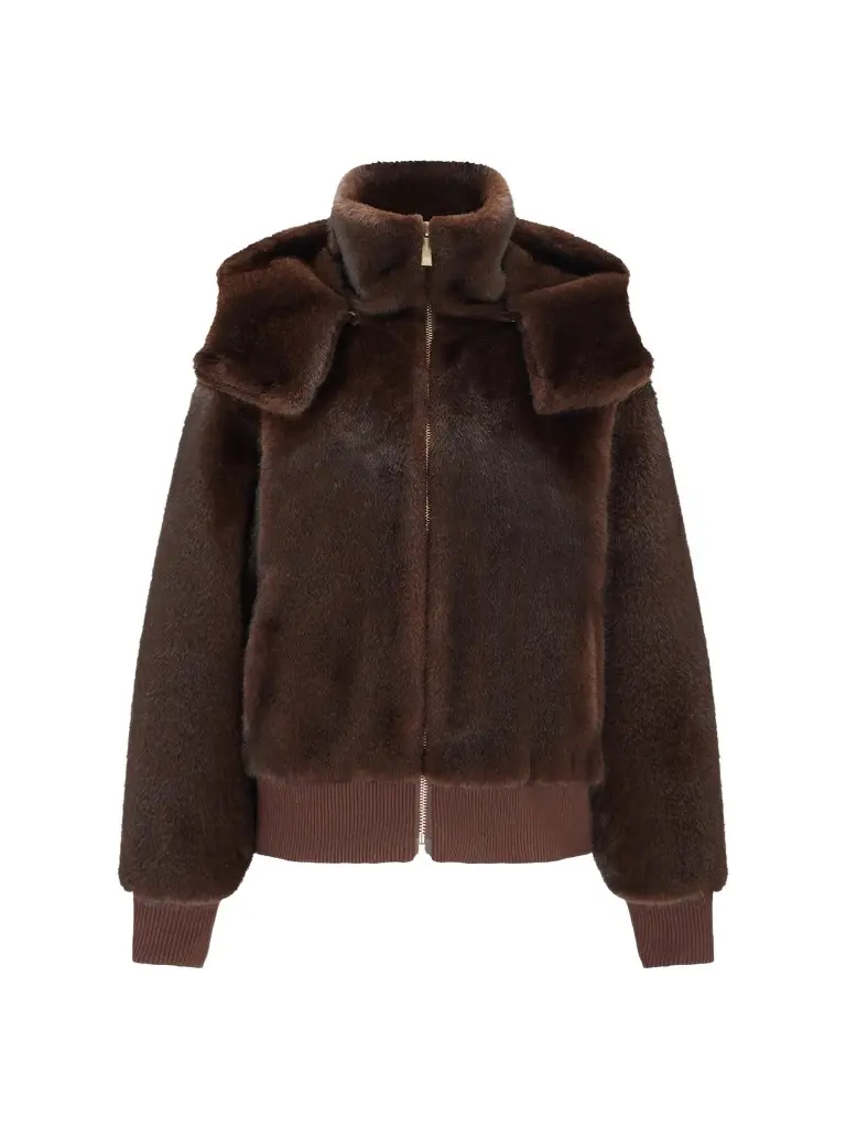 Lyla Grant Women's Faux Fur Mink Hooded Jacket with Knitted Cuffs and Bottom