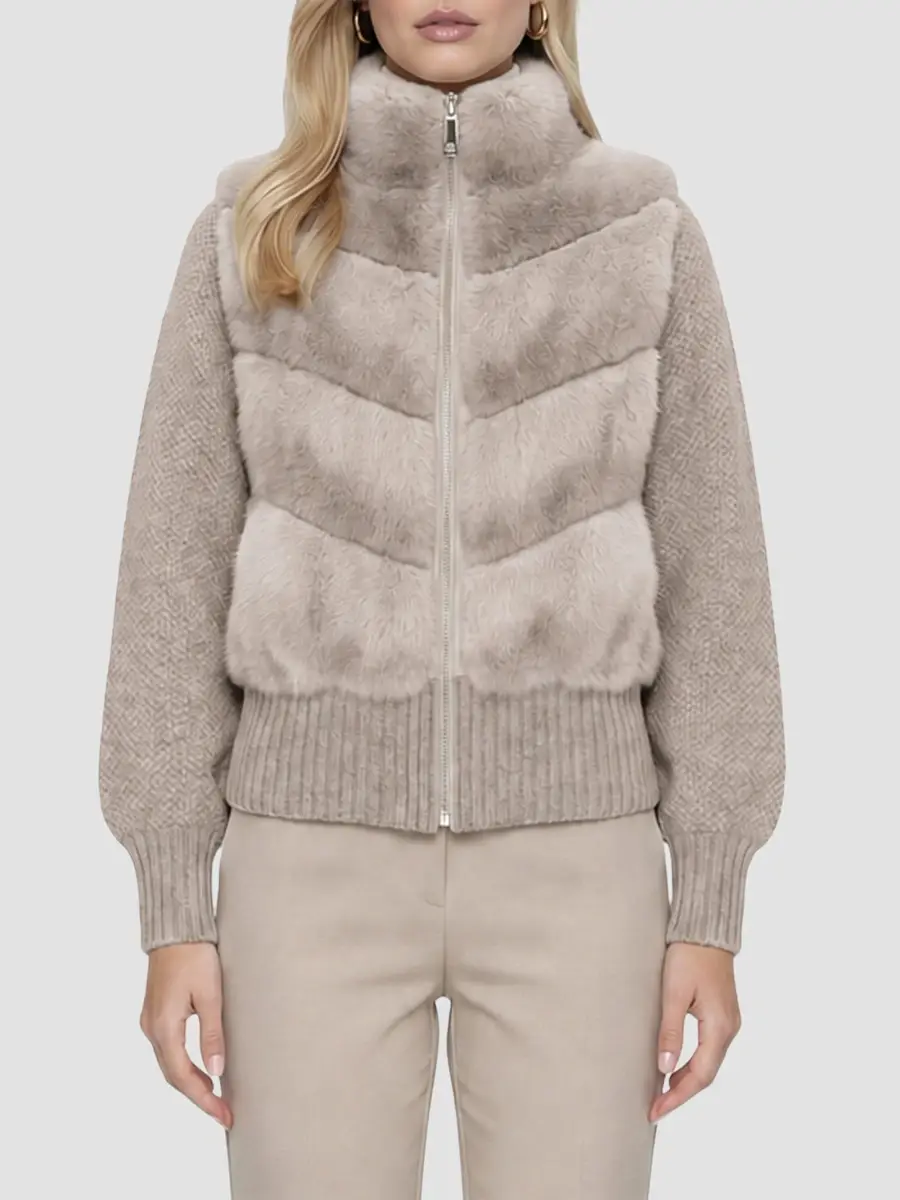 Lyla Grant Women's Faux Fur Mink Jacket with Knit Wool Sleeves | Thumbnail 3 Lyla Grant Women's Faux Fur Mink Jacket with Knit Wool Sleeves | Thumbnail 3