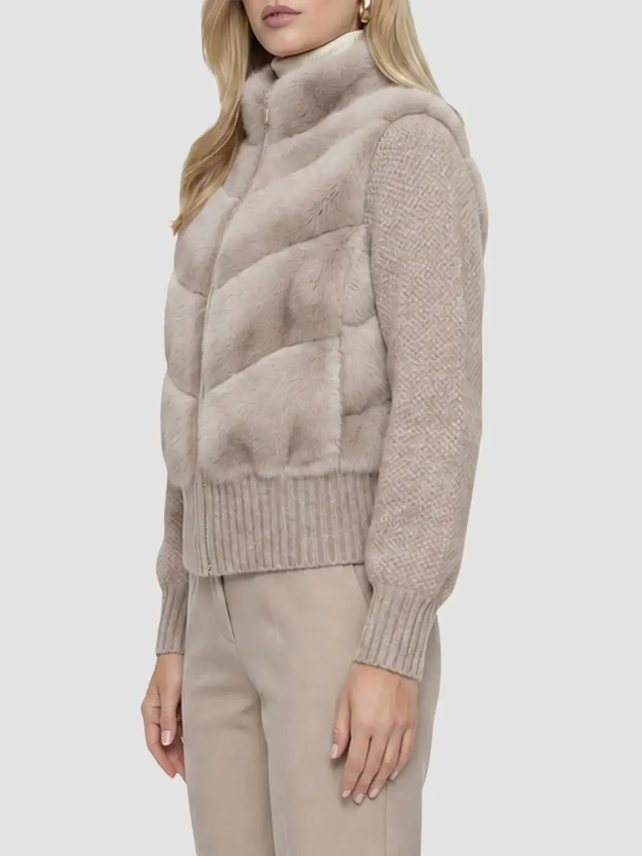 Lyla Grant Women's Faux Fur Mink Jacket with Knit Wool Sleeves | Thumbnail 4 Lyla Grant Women's Faux Fur Mink Jacket with Knit Wool Sleeves | Thumbnail 4