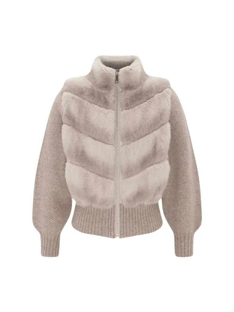 Lyla Grant Women's Faux Fur Mink Jacket with Knit Wool Sleeves