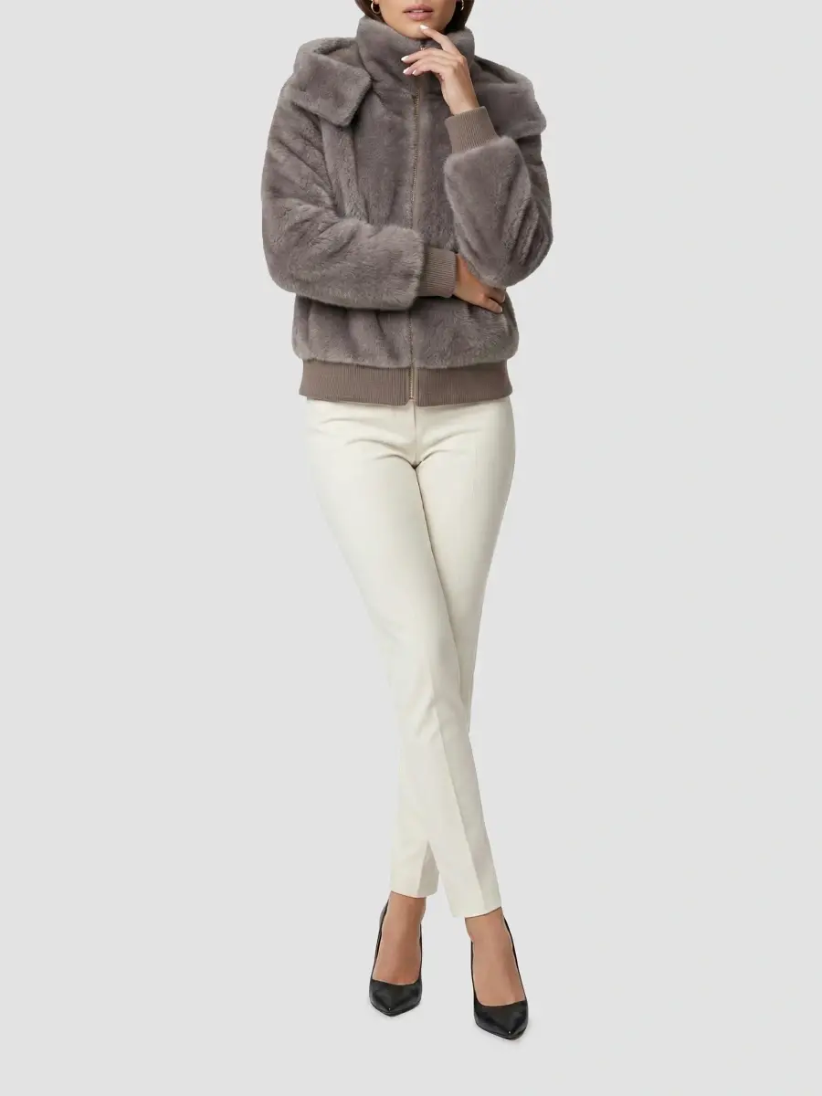 Lyla Grant Women's Mink Hooded Jacket with Knitted Cuffs and Bottom - Dark Grey | Thumbnail 2 Lyla Grant Women's Mink Hooded Jacket with Knitted Cuffs and Bottom - Dark Grey | Thumbnail 2