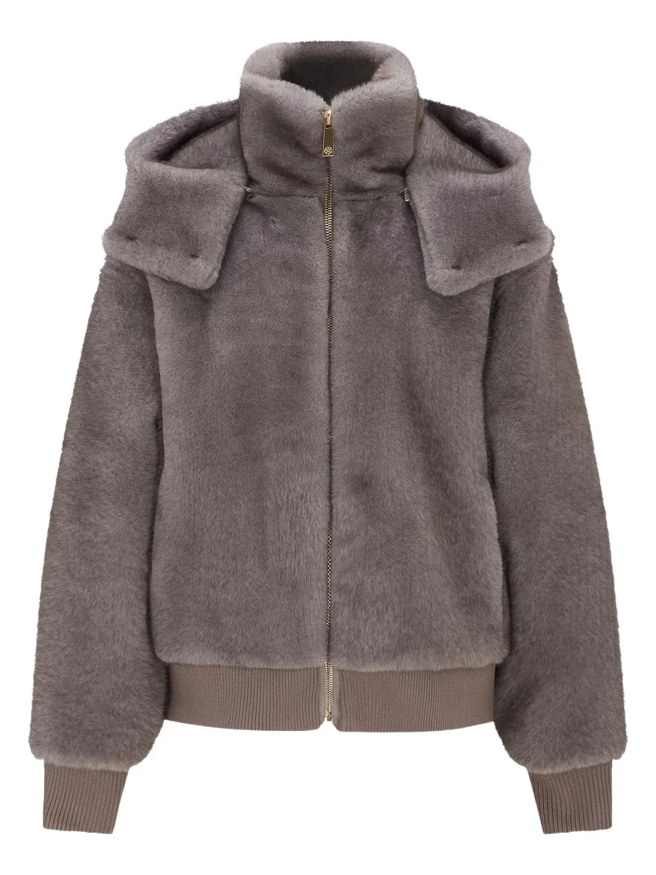 Lyla Grant Women's Fur-Free Mink (Faux Fur) Hooded Jacket with Knitted Cuffs & Bottom - Dark Grey