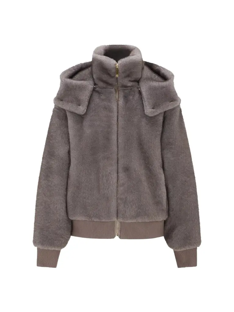 Lyla Grant Women's Mink Hooded Jacket with Knitted Cuffs and Bottom - Dark Grey