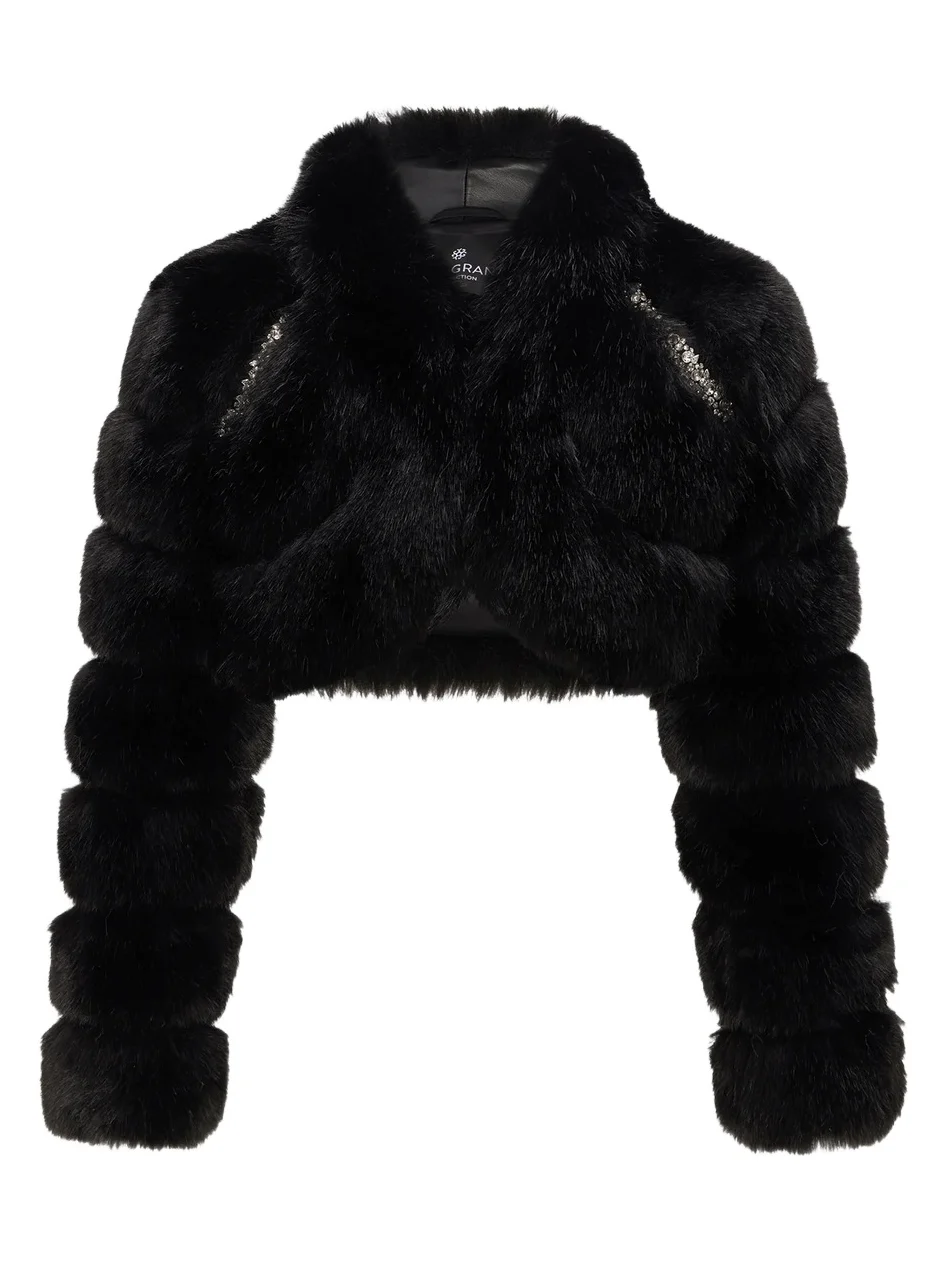 Women's Faux Fur Fox Bolero Coat with Rhinestones - Black