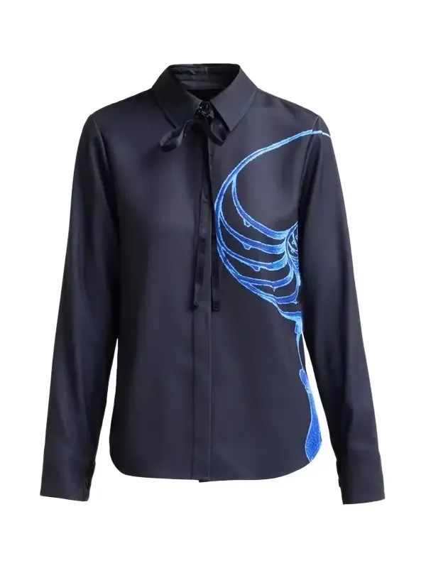 Women's Printed Crepe Satin Tieneck Button-Front Shirt Women's Printed Crepe Satin Tieneck Button-Front Shirt