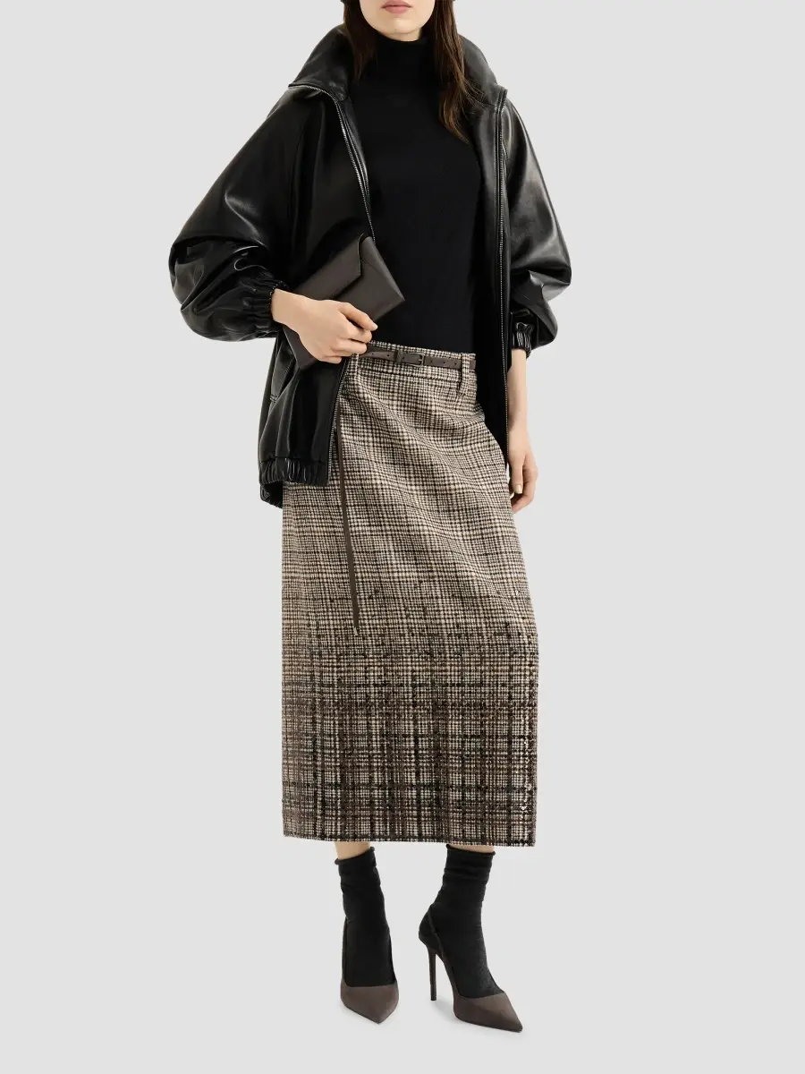 Brunello Cucinelli Women's Checked Alpaca and Wool Pencil Skirt with Dazzling Degradé Embroidery | Thumbnail 2 Brunello Cucinelli Women's Checked Alpaca and Wool Pencil Skirt with Dazzling Degradé Embroidery | Thumbnail 2
