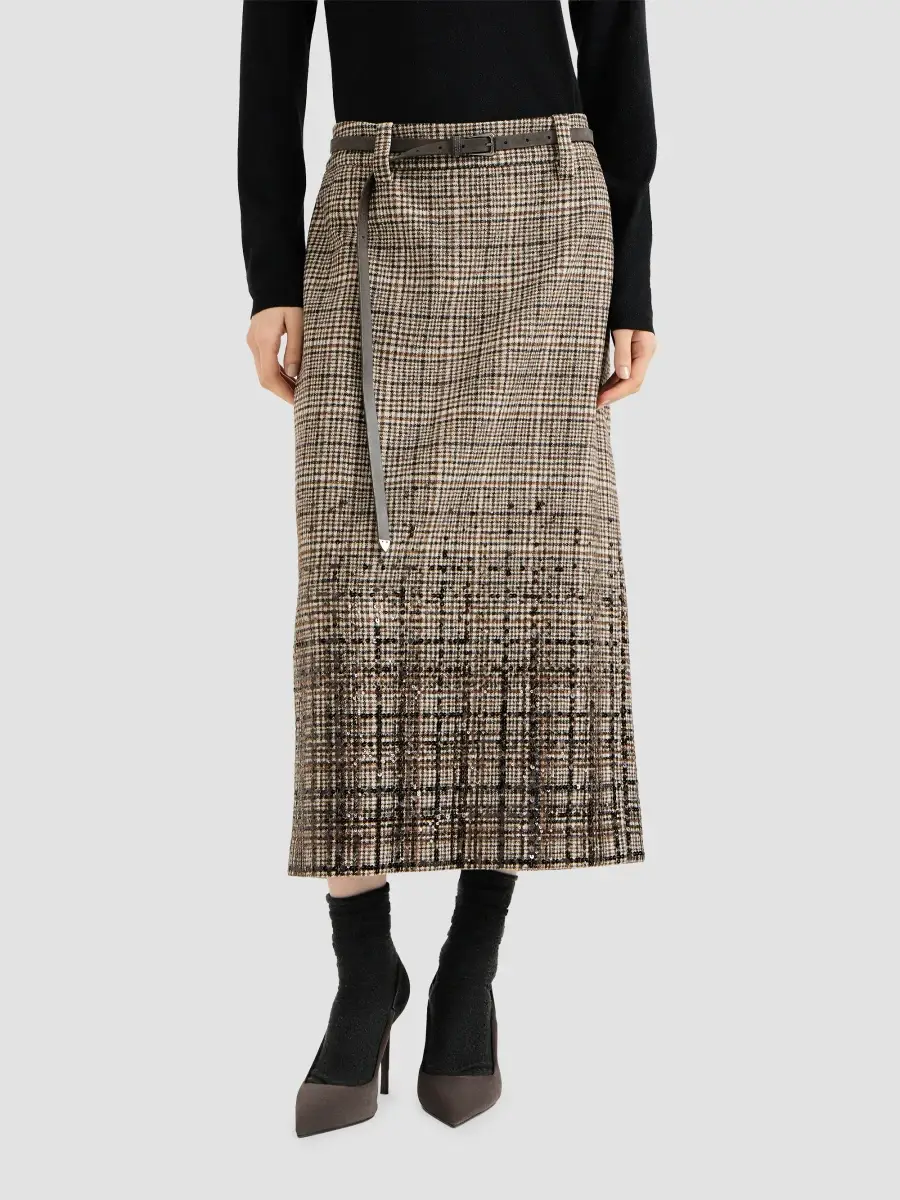 Brunello Cucinelli Women's Checked Alpaca and Wool Pencil Skirt with Dazzling Degradé Embroidery | Thumbnail 3 Brunello Cucinelli Women's Checked Alpaca and Wool Pencil Skirt with Dazzling Degradé Embroidery | Thumbnail 3