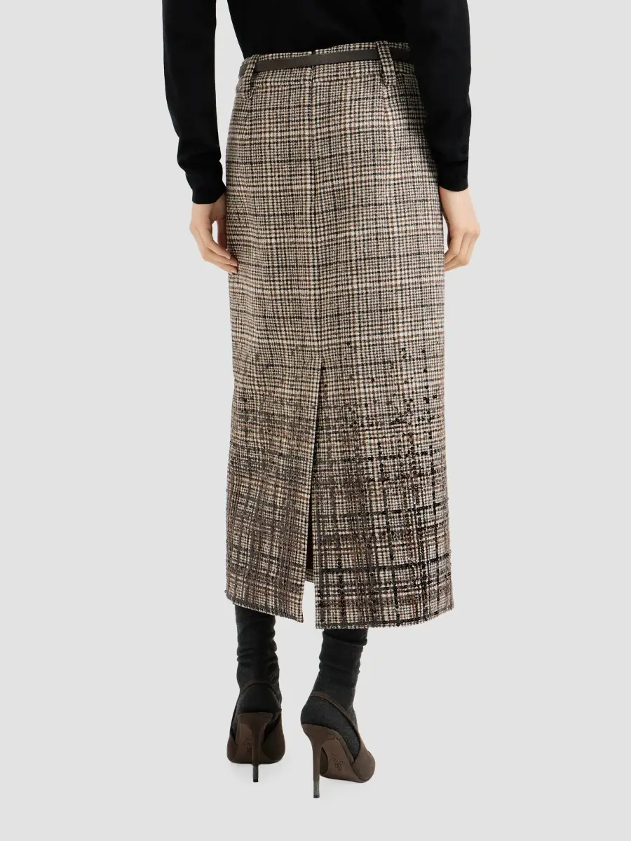 Brunello Cucinelli Women's Checked Alpaca and Wool Pencil Skirt with Dazzling Degradé Embroidery | Thumbnail 4 Brunello Cucinelli Women's Checked Alpaca and Wool Pencil Skirt with Dazzling Degradé Embroidery | Thumbnail 4